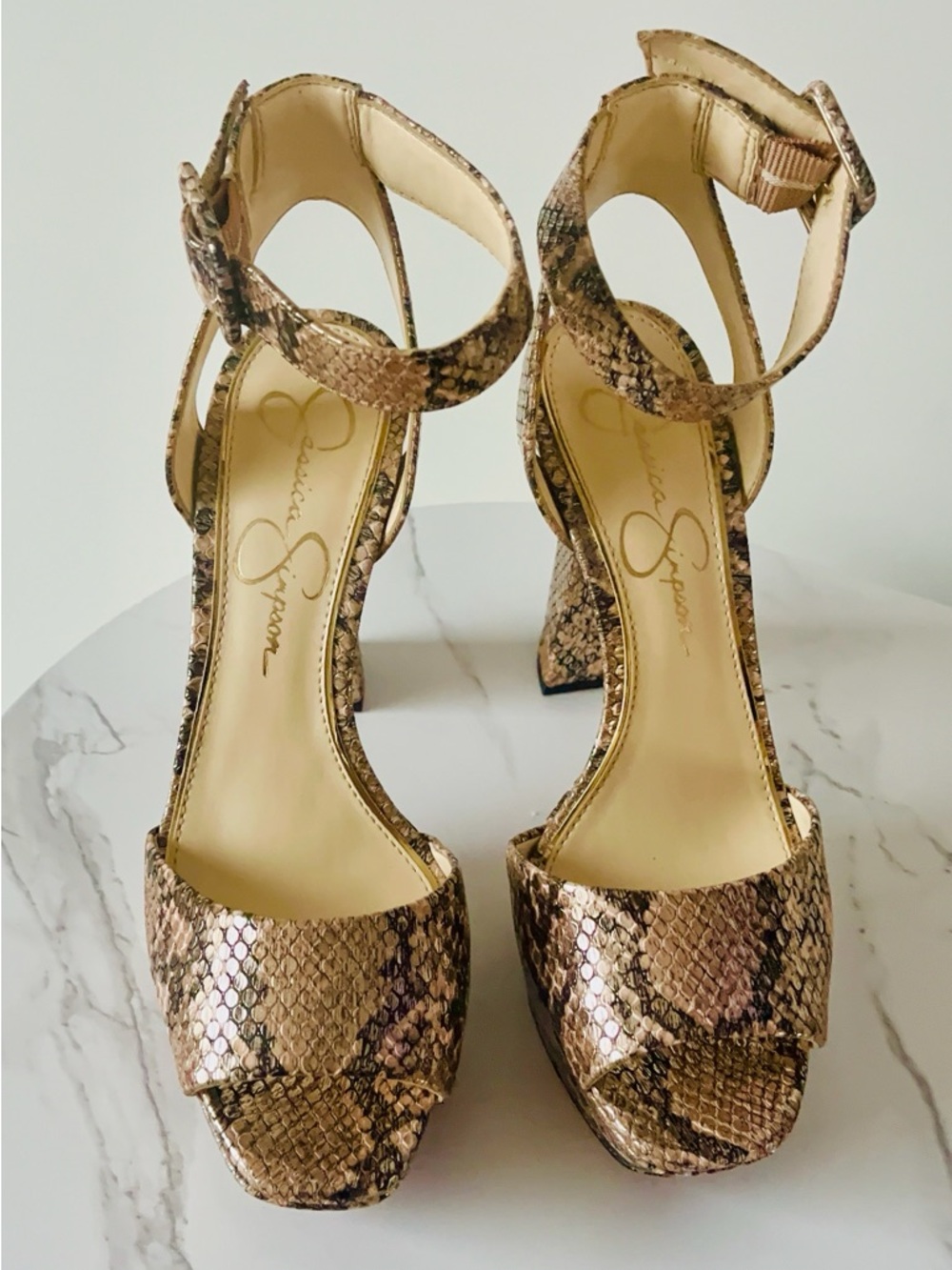 Jessica Simpson Tan Brown Snake-Print Platform Heels